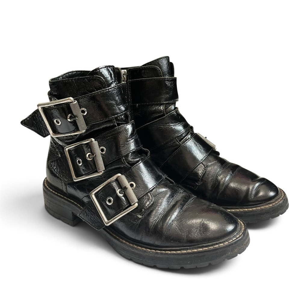 rag & bone Cannon Triple Buckle Leather Ankle Boots Black Moto Combat Lug Sole